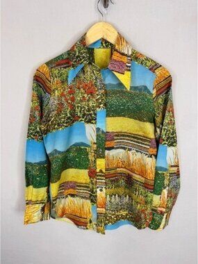 Vintage Western Prairies Mountain Button Down Shirt Disco Retro 70s Women M